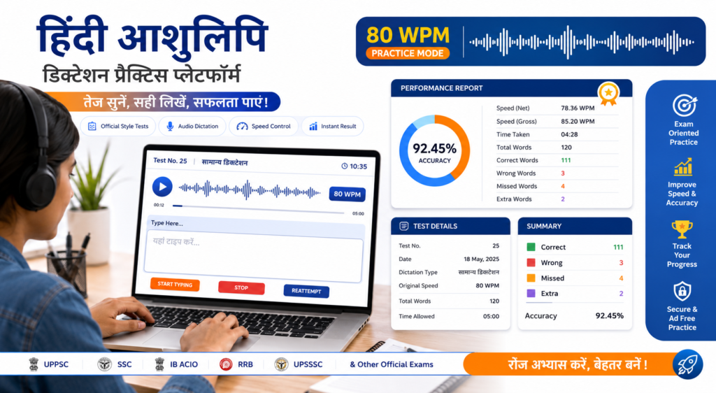 UPSSSC Stenographer Skill Test 2026 exam pattern, 80 WPM dictation rules, and online practice strategy