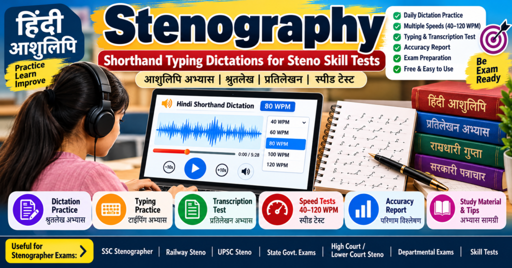 Stenography practice with Hindi shorthand dictation, typing tests and transcription exercises on Speedy Shorthand.