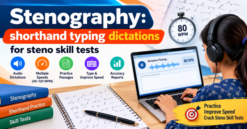 Stenography shorthand typing dictations for steno skill test practice at different speeds
